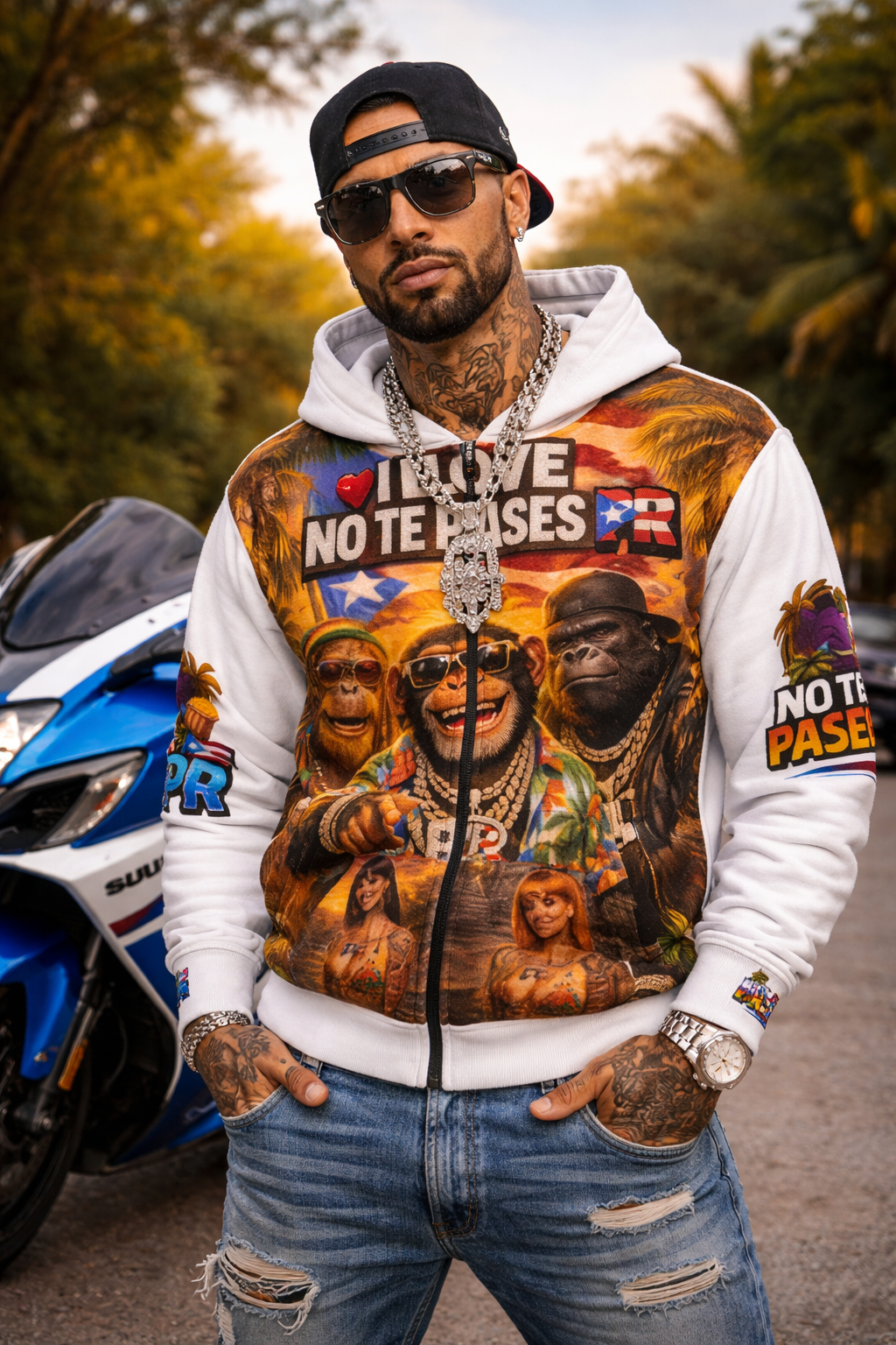 Puerto Rico Pride Zip Hoodie — "I Love No Te Pases" Tropical Ape Design