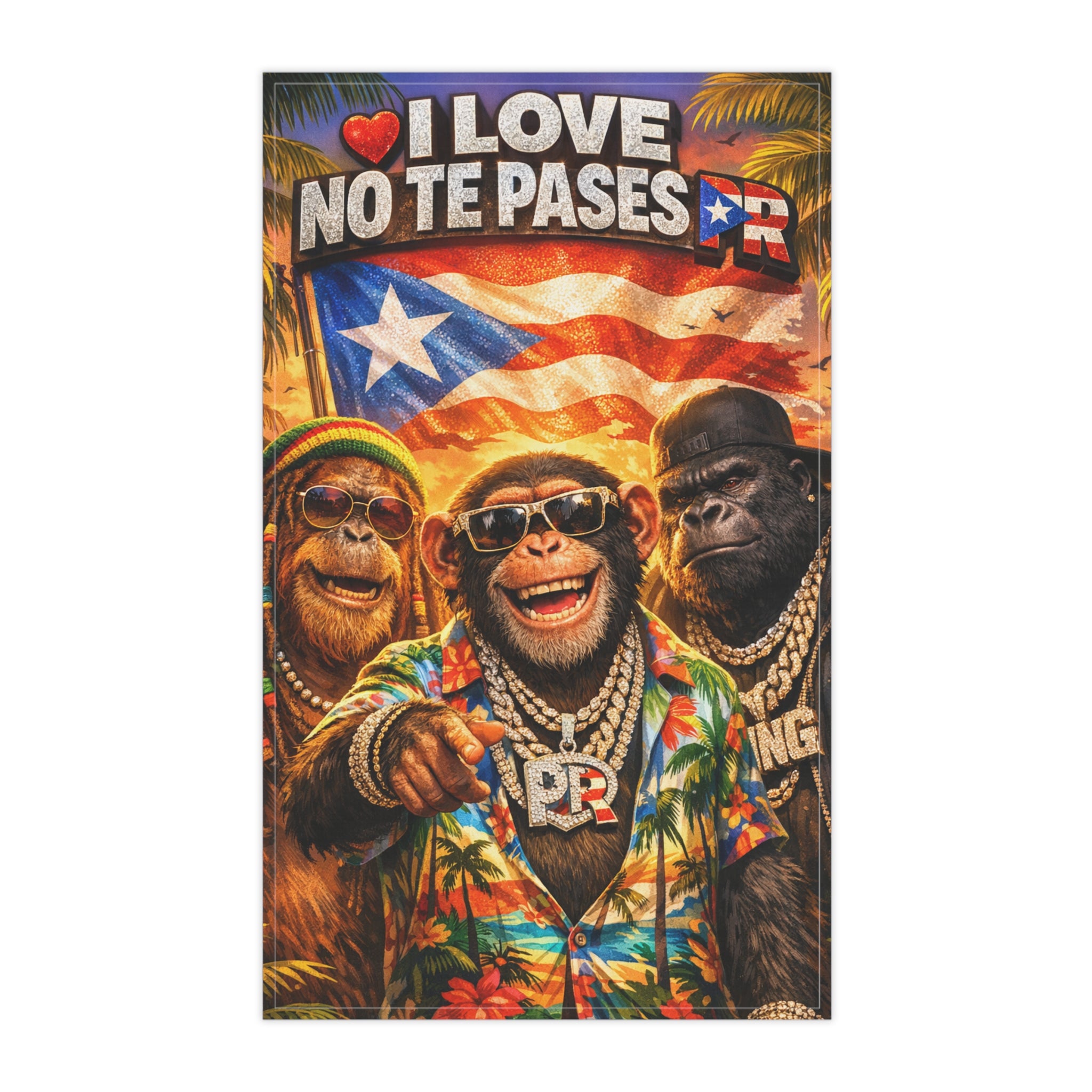 Puerto Rico Monkey Trio Tea Towel — "I Love No Te Pases" Kitchen Towel