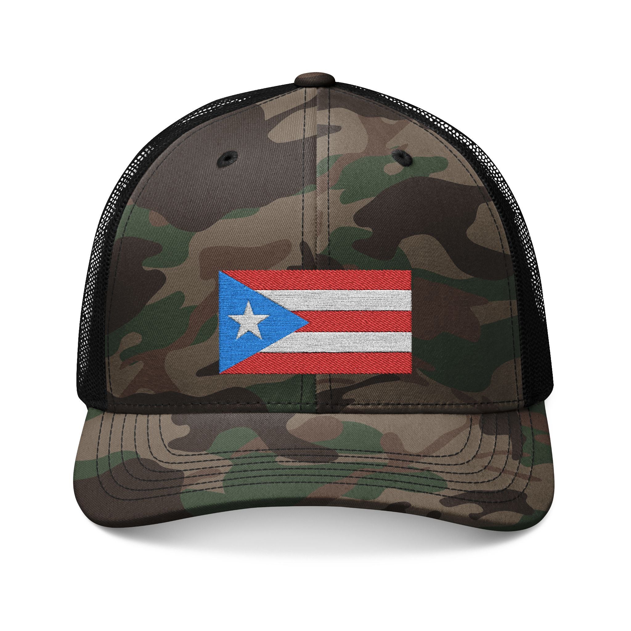 Camo Trucker Hat with Puerto Rico Flag Embroidery