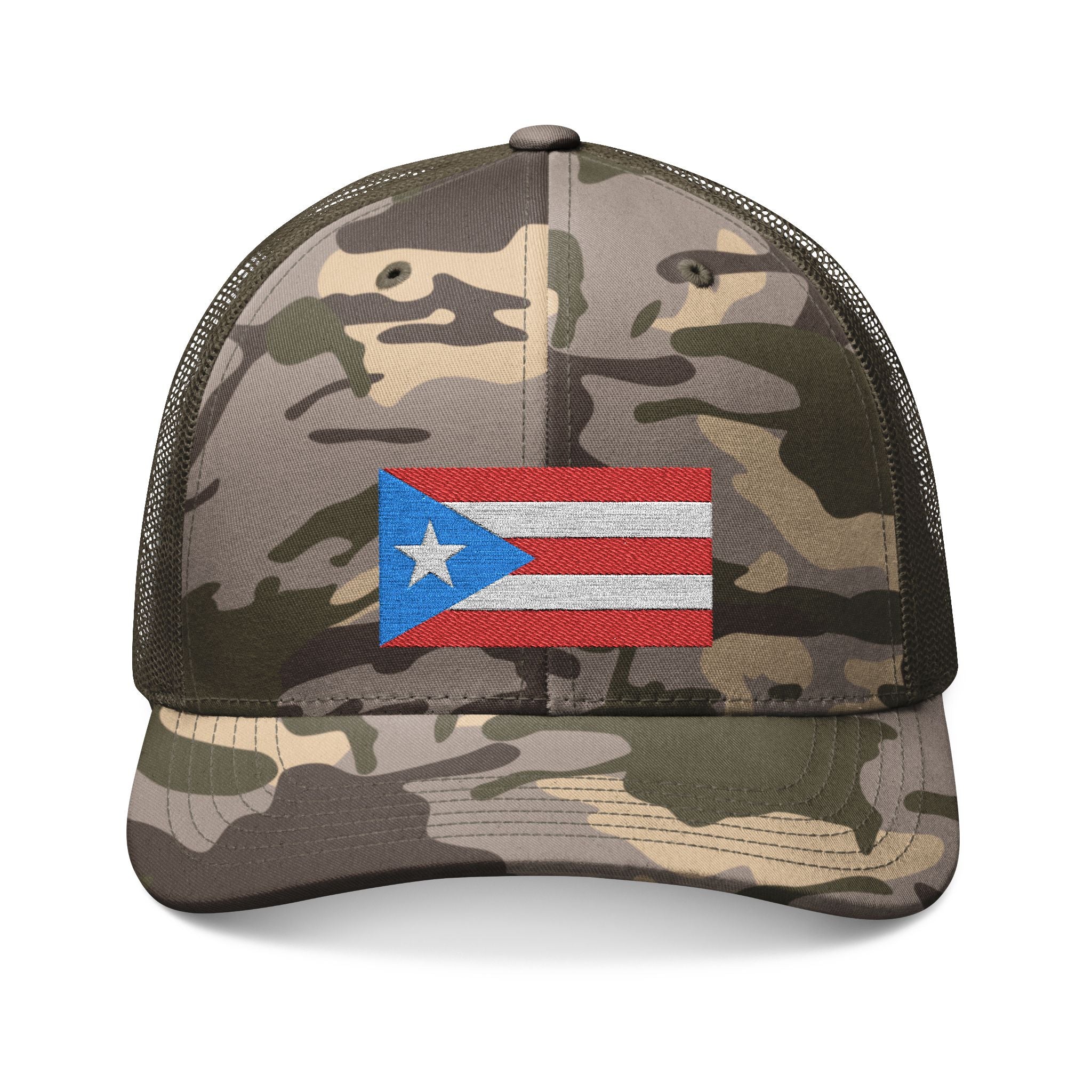 Camo Trucker Hat with Puerto Rico Flag Embroidery