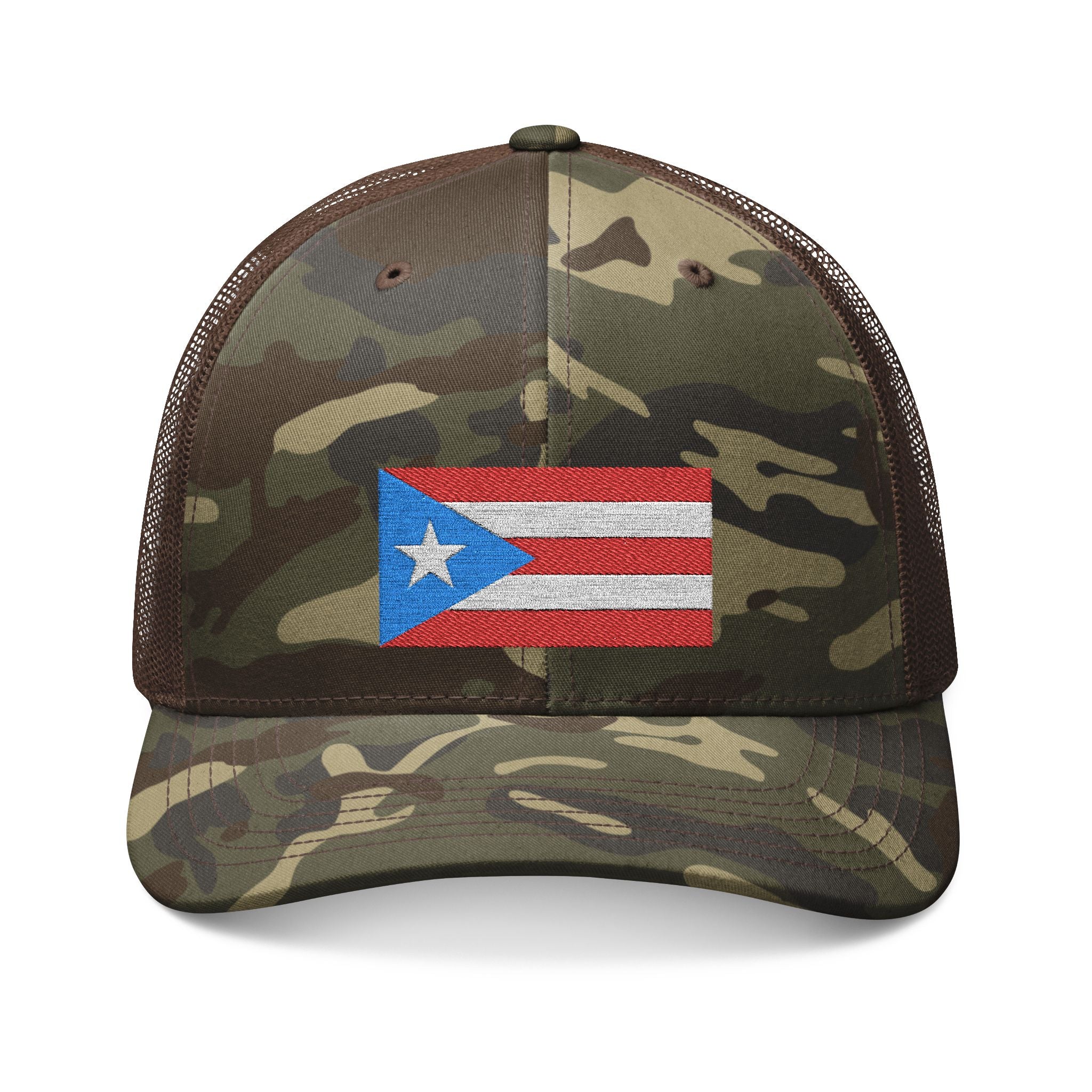 Camo Trucker Hat with Puerto Rico Flag Embroidery