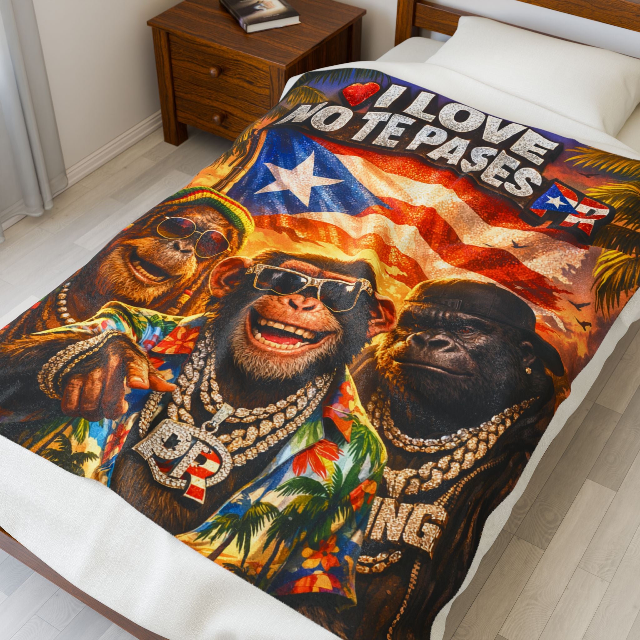 Puerto Rico Pride Velveteen Plush Blanket — I Love No Te PaSES Design with Tropical Monkeys