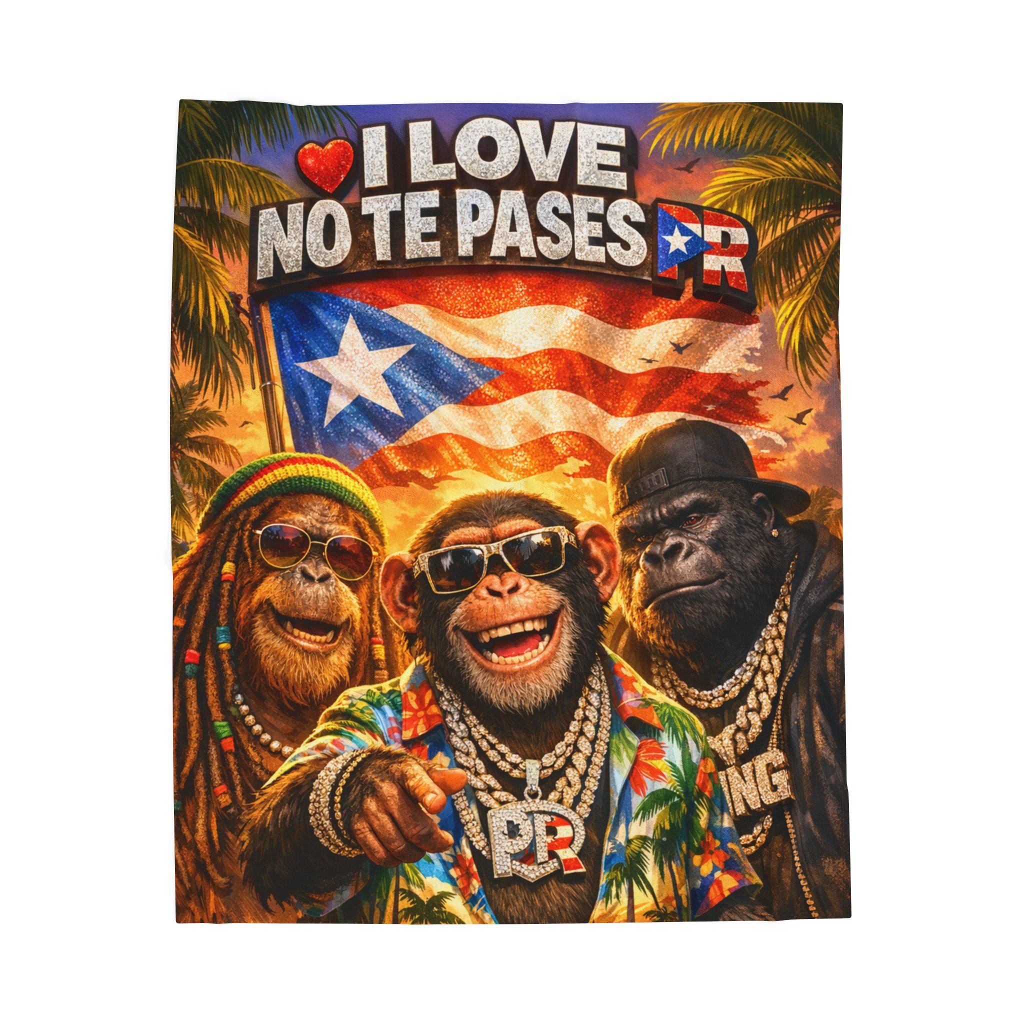 Puerto Rico Pride Velveteen Plush Blanket — I Love No Te PaSES Design with Tropical Monkeys