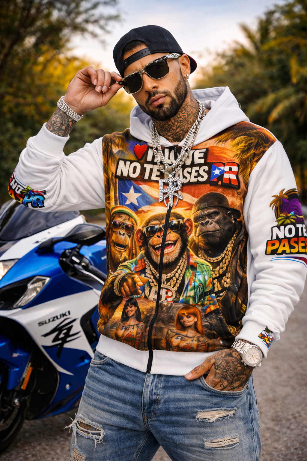 Puerto Rico Pride Zip Hoodie — "I Love No Te Pases" Tropical Ape Design