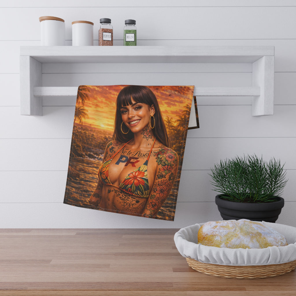 Puerto Rican PR Tattooed Woman Tea Towel — "No Te Pases" Puerto Rico Kitchen Towel