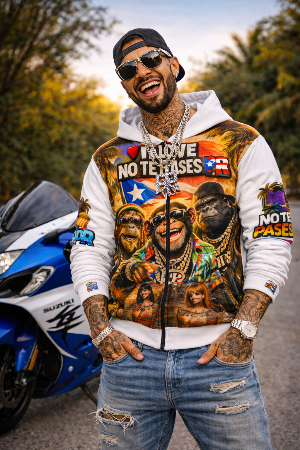 Puerto Rico Pride Zip Hoodie — "I Love No Te Pases" Tropical Ape Design