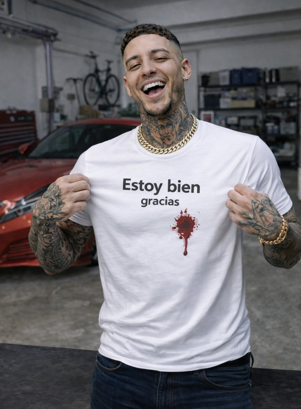 Estoy bien gracias T-Shirt — Dark Humor Spanish Phrase Tee with Blood Splatter