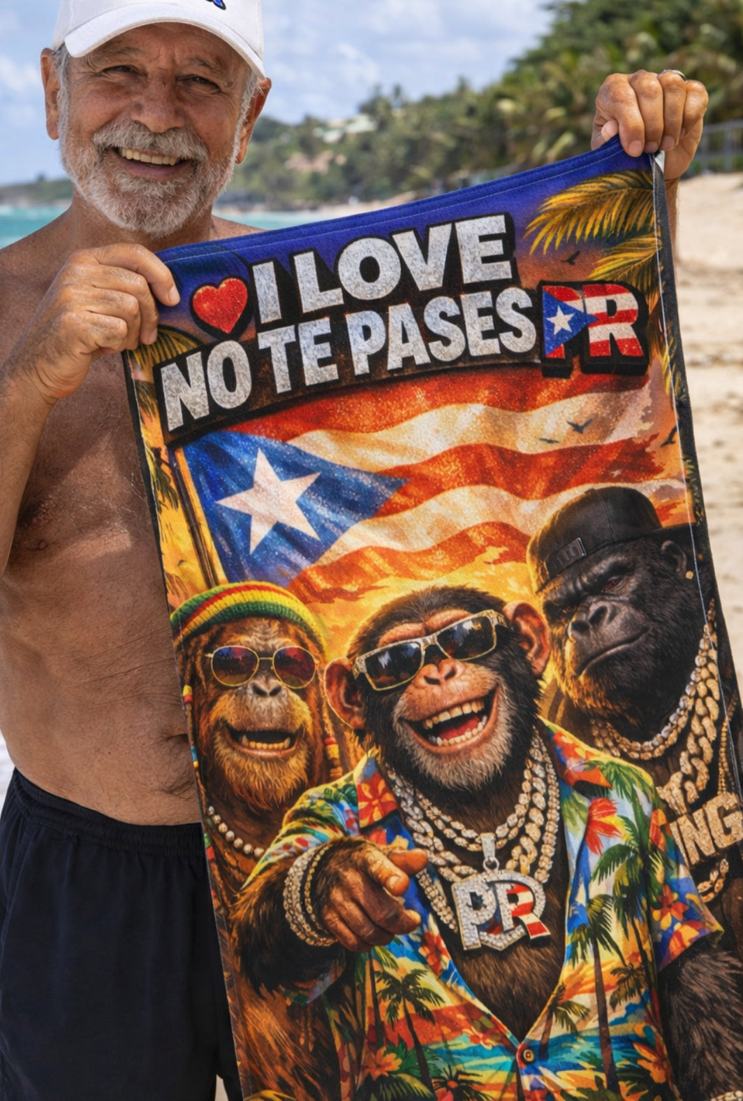 Puerto Rico Monkey Trio Tea Towel — "I Love No Te Pases" Kitchen Towel